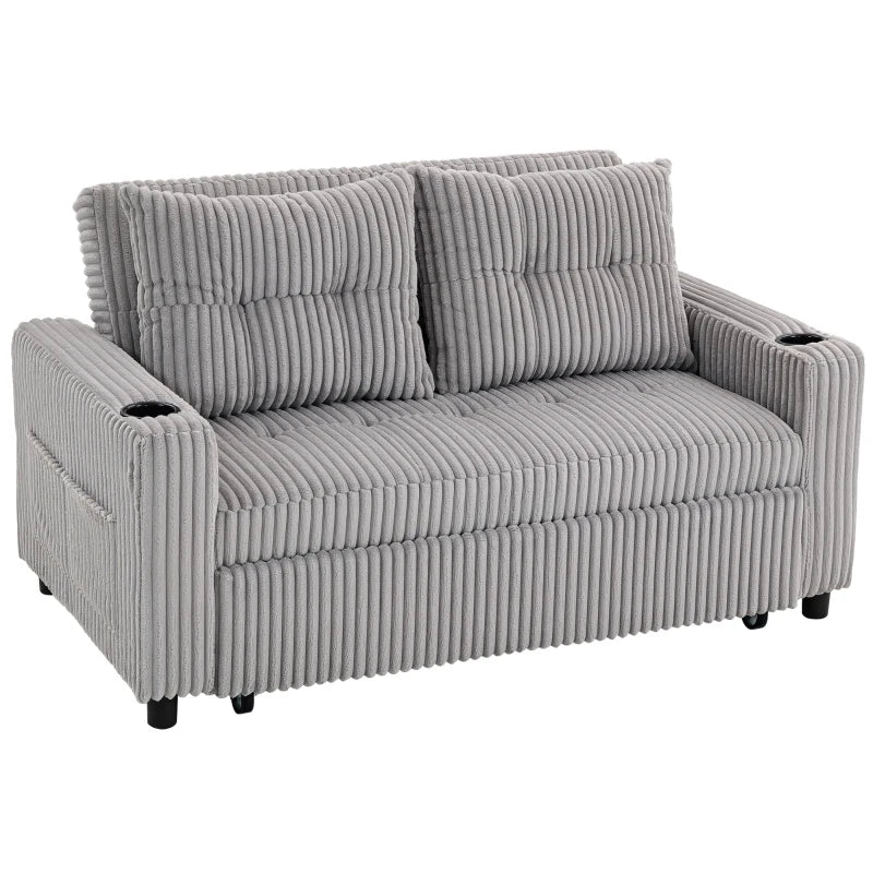 2 Seater Corduroy Sofa bed with Pull-out Design, Cupholders and Side Storage Sleeves - Grey