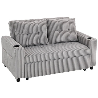 2 Seater Corduroy Sofa bed with Pull-out Design, Cupholders and Side Storage Sleeves - Grey