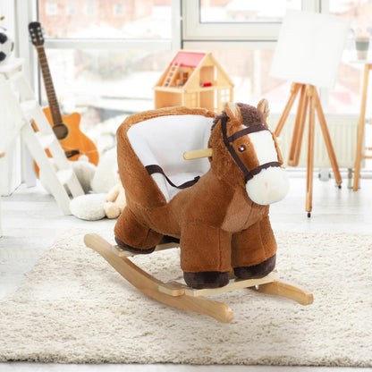 Kids Rocking Horse Plush Ride on Horse with Sound Effect and Wooden Base