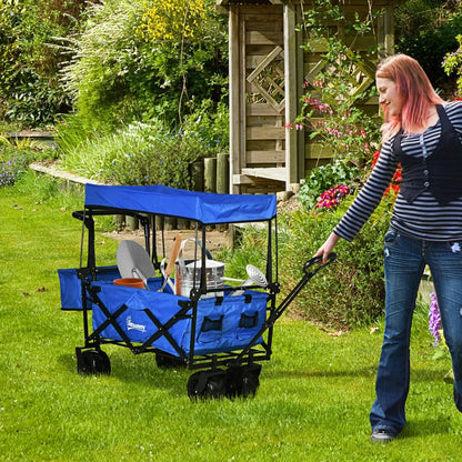 Folding Trolley Cart - Storage Wagon with Canopy & Handle - Blue