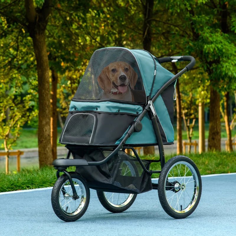 Pet / Dog Stroller - Buggy Pram with Three Wheels, Canopy and Under Netting Storage Compartment - Green