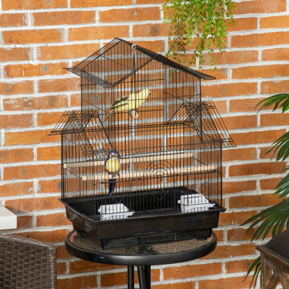 Metal Tabletop Bird Cage - House Style Design with Swing, Perches, Feeding Cups and Dropping Tray