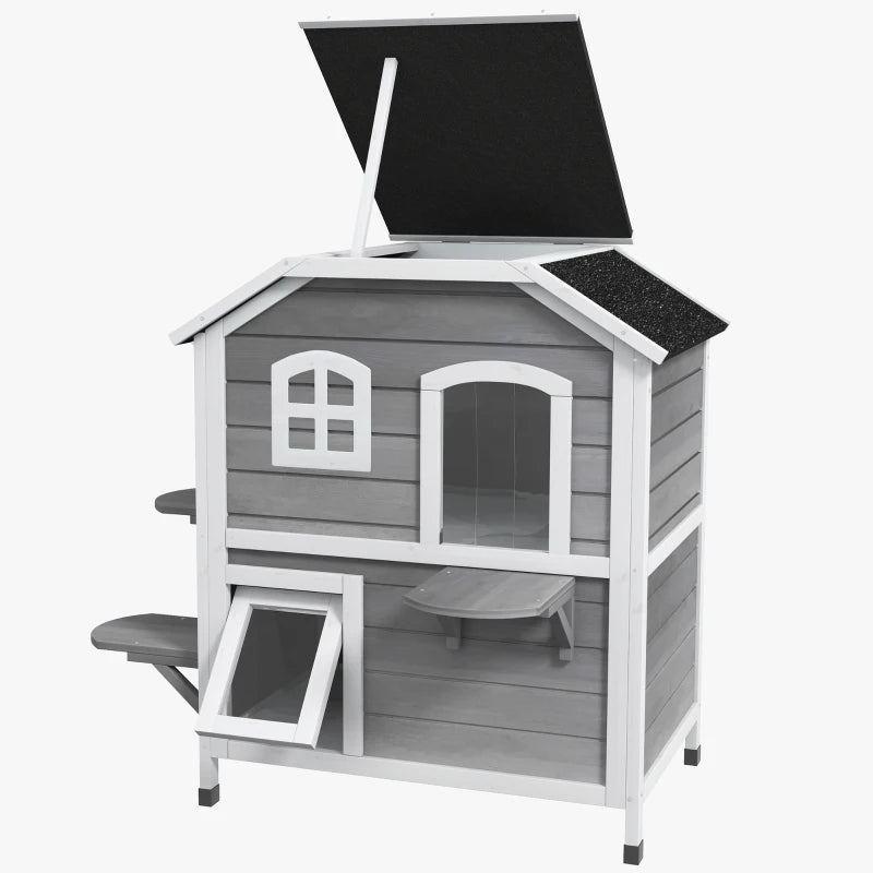 2-Story Cat Mansion with Openable Roof, Jumping Platforms and Front Door - Grey