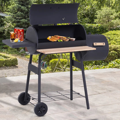 Barrel Style Charcoal Grill with Offset Side Smoker and Chimney