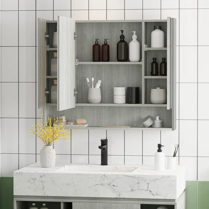 3 Cabinet Wall Mounted Storage Mirror with Bottom Shelf and Adjustable Inner Shelves