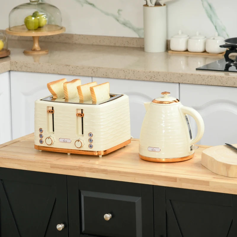 Kettle (1.7L) and Toaster Set with 7 Browning Controls and Crumb Tray (4 Slice) - Beige / Gold