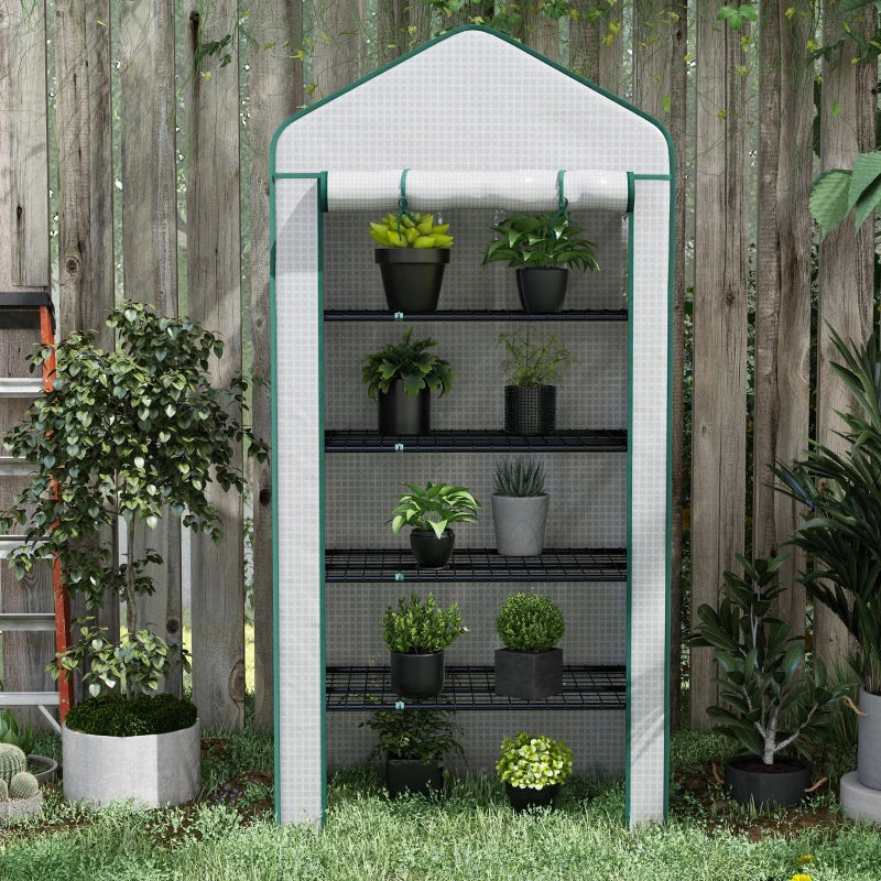 5-Tier Slimline Tall Greenhouse with Roll-Up Door and Wire Shelves - White / Green