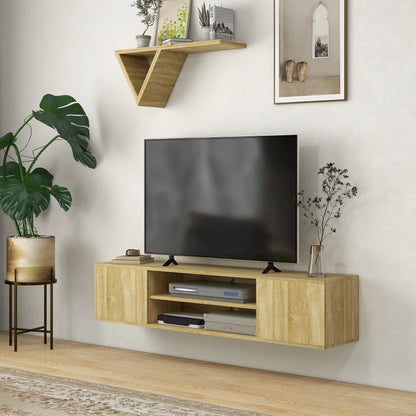 Wood Style - Floating Media Center / TV Stand with Open Shelving and Storage Cupboards