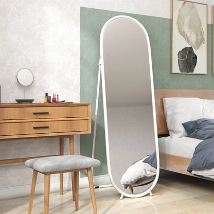 Curved Oval Shape Full Length Mirror - Freestanding or Wall Mounted - White Bezel