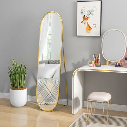 Curved Oval Shape Full Length Mirror - Freestanding or Wall Mounted - Gold Tone Bezel