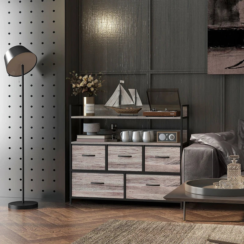 Rustic Chest of Drawers with Black Frame and Grey Fabric Drawers with Wood Effect