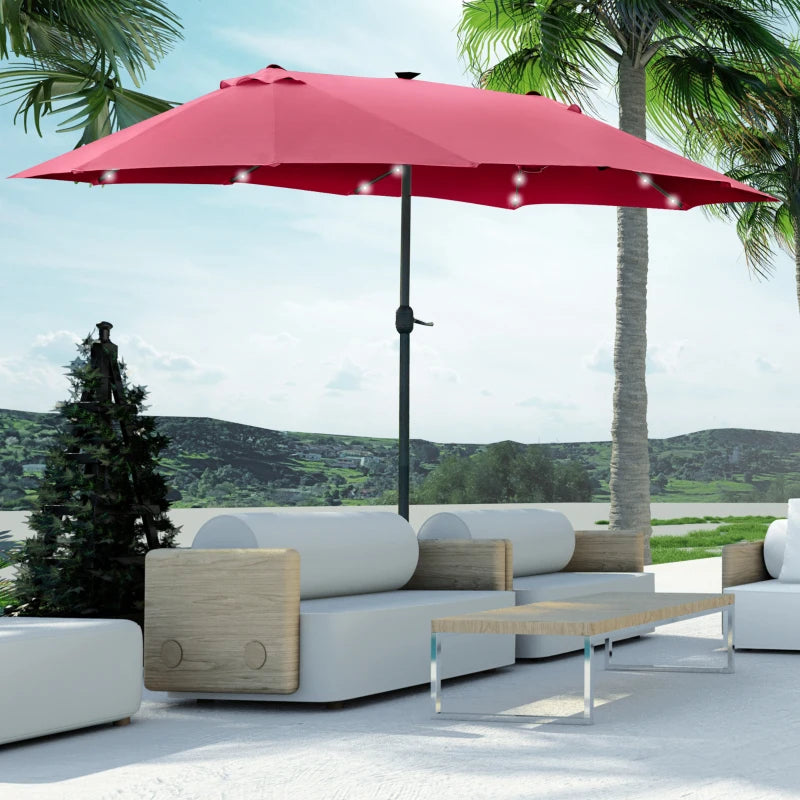 LED - Double Sided Parasol Sun Umbrella - Solar Lights - (4.4m) - (Base Not Included) - Wine Red