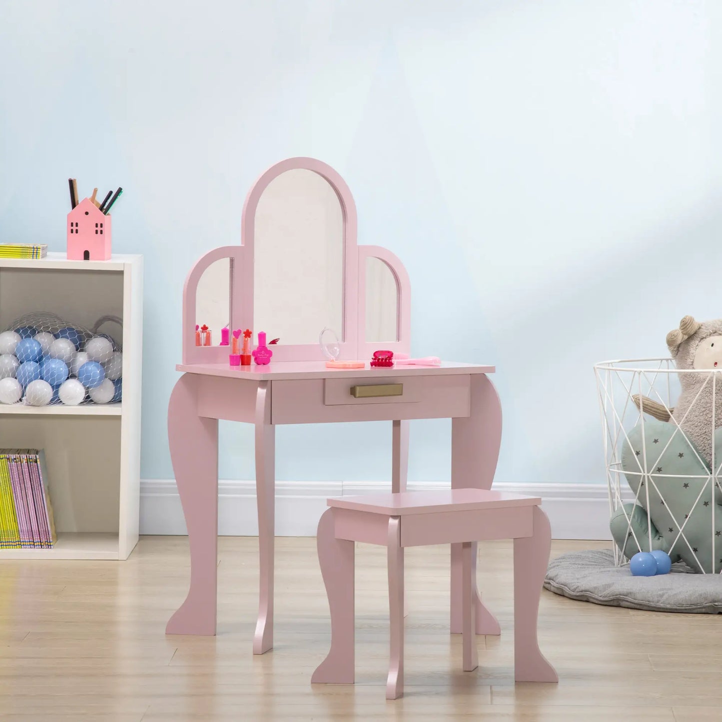 Kids Vanity Mirror Dressing Table with Chair and Drawer Storage - Pink