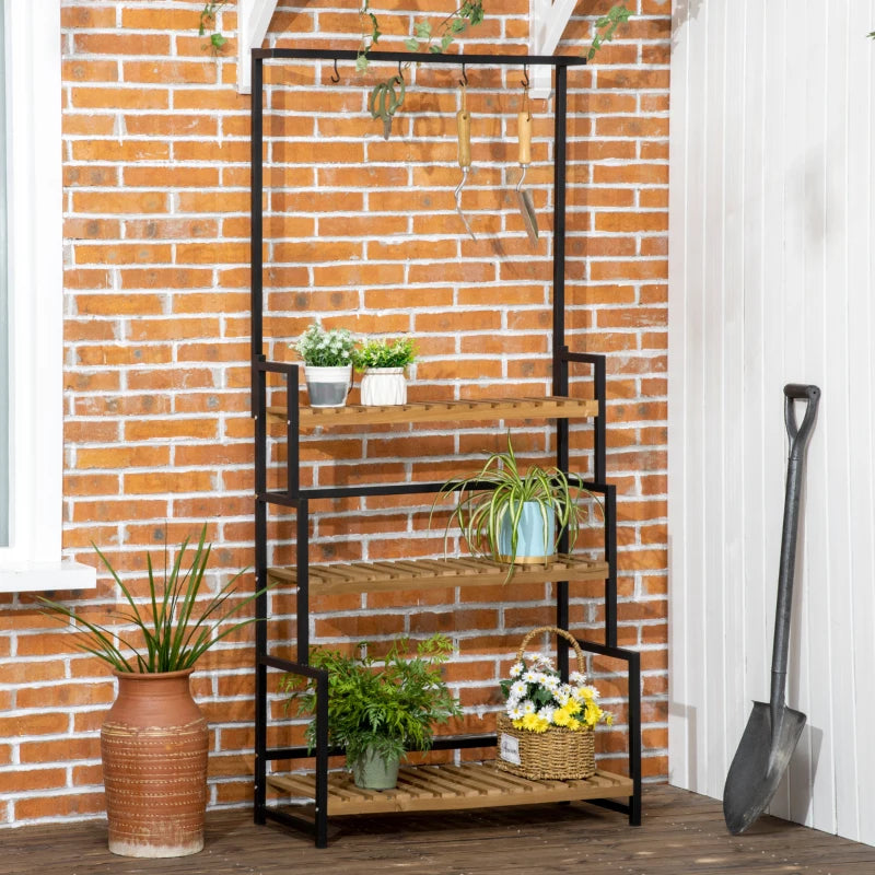 3-Tier Industrial Style Plant Stand / Flower Rack Shelf with Hanging Hooks