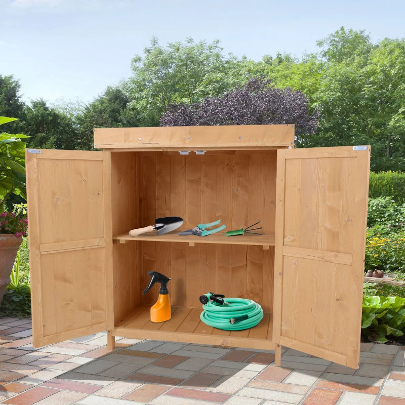 Mid Size Garden Shed with 2-Tier Shelving and Hinged Openable Roof - Natural Brown Wood Effect