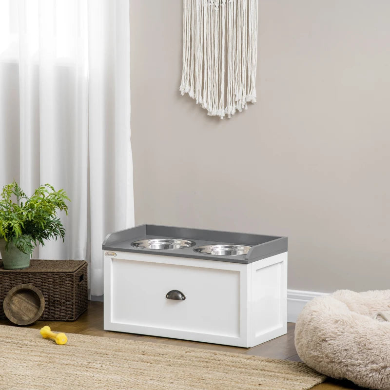 Raised Dog Feeder with 2 Stainless Steel Bowls & 21L Storage Drawer - White