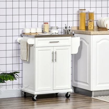 Mobile Kitchen Island / Serving Cart on Wheels with Stainless Steel Worktop - White