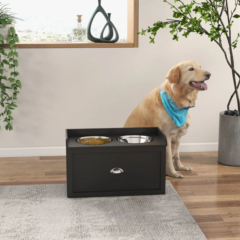 Raised Dog Feeder with 2 Stainless Steel Bowls & 21L Storage Drawer - Black