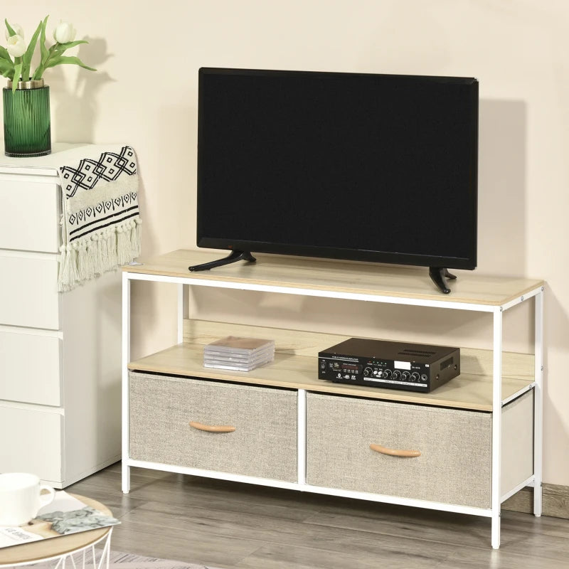 Natural Style Compact TV Unit Centre with 2 Foldable Linen Drawers & Shelving