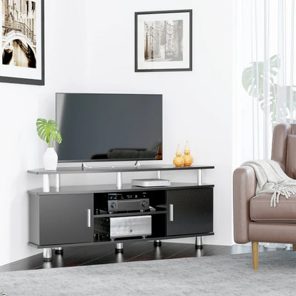 TV Centre Unit / Media Console with Raised Top, 2 Cupboards & Open Style Shelving