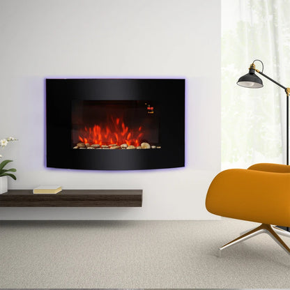 LED Wall Mounted - Curved Glass Electric Fireplace with 7 Colour Backlighting