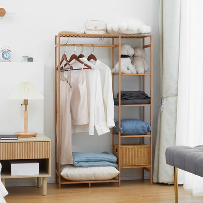 Bamboo Coat Rack with Clothes Hanger Storage and 6-Tier Shoe Shelving