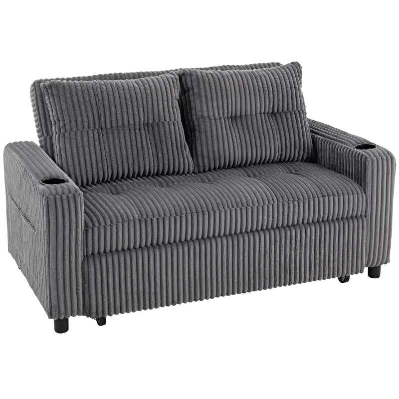 2 Seater Corduroy Sofa bed with Pull-out Design, Cupholders and Side Storage Sleeves - Charcoal Grey