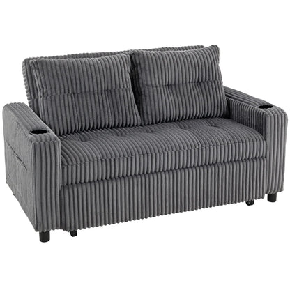 2 Seater Corduroy Sofa bed with Pull-out Design, Cupholders and Side Storage Sleeves - Charcoal Grey