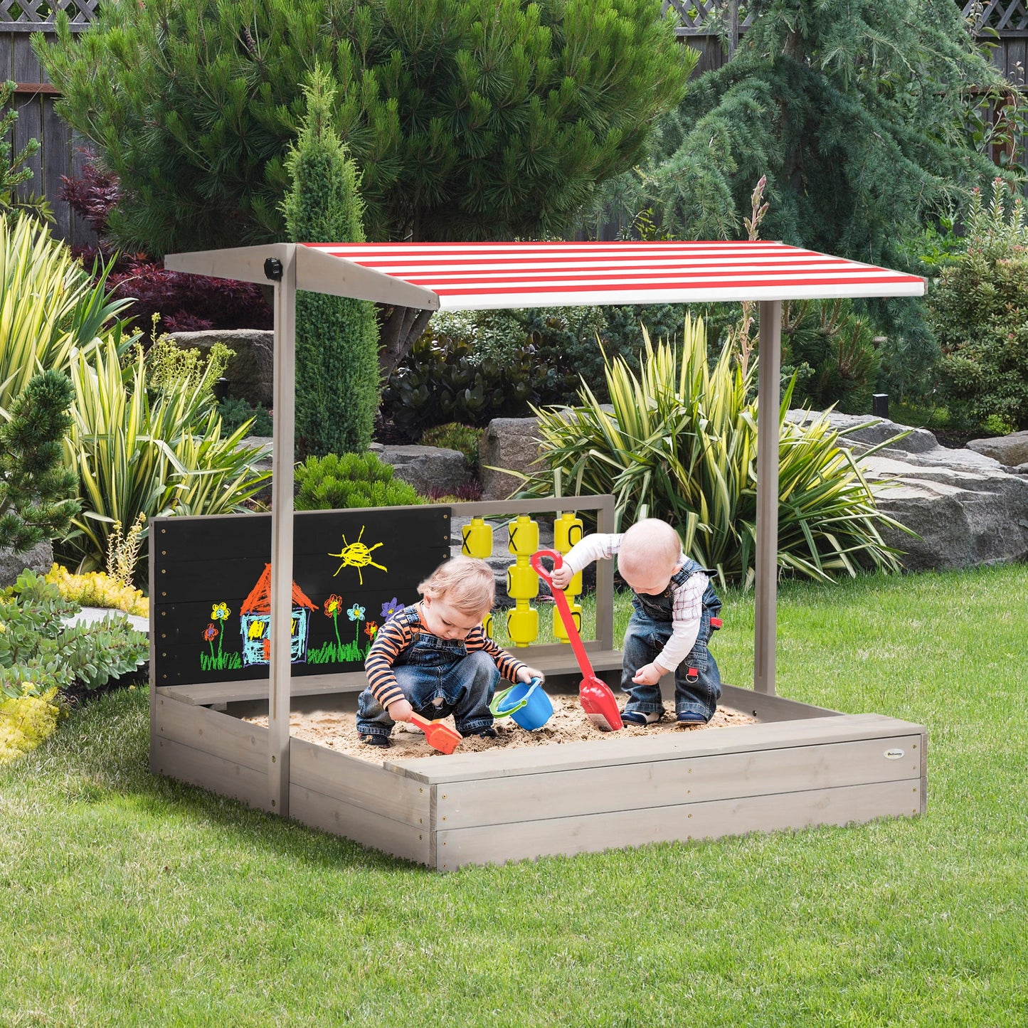 Kids Wooden Sandpit / Sandbox with Canopy, Chalkboard and Naughts & Crosses