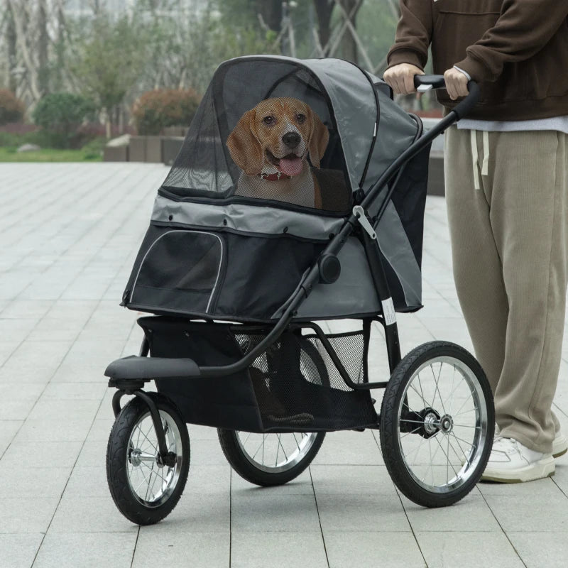 Pet / Dog Stroller - Buggy Pram with Three Wheels, Canopy and Under Netting Storage Compartment - Grey