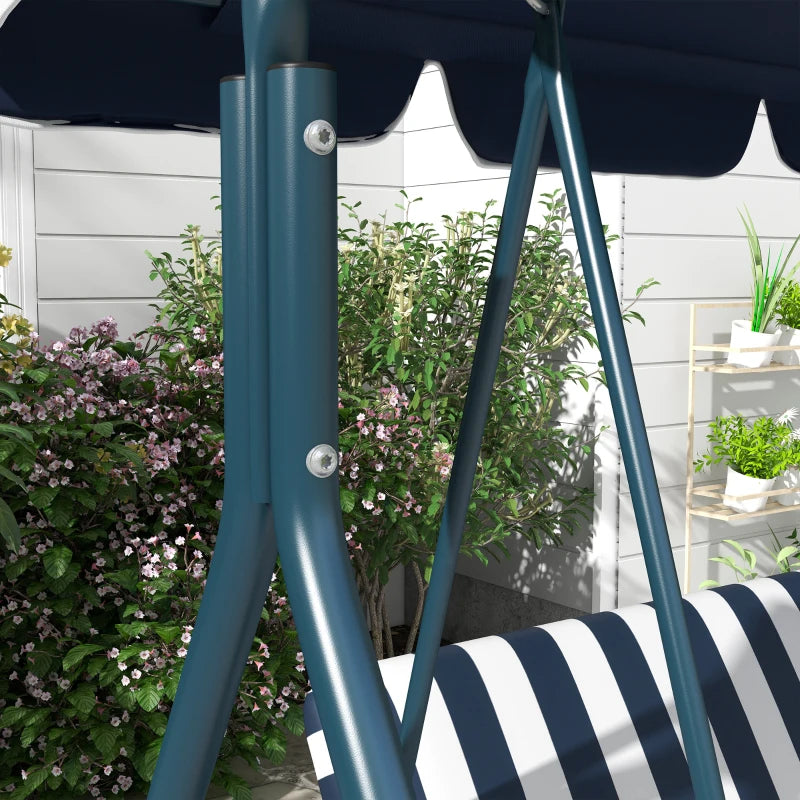 3-Seater Swing Chair with Adjustable Overhead Sun Protection Canopy - Blue / White Stripe