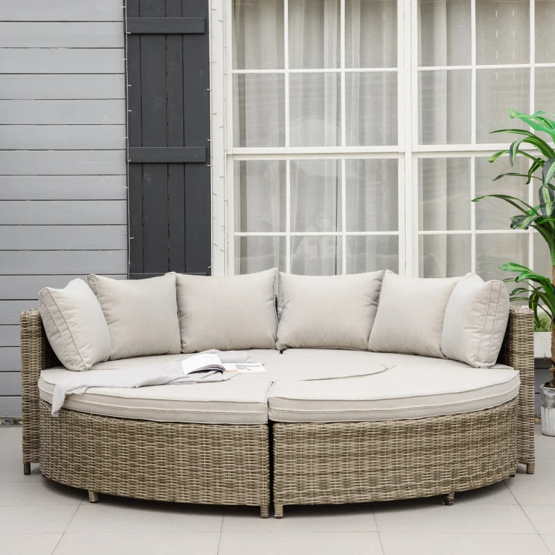 5-Piece - Rattan Round Garden Daybed with Cushions and Lift-table for Dining