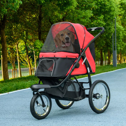 Pet / Dog Stroller - Buggy Pram with Three Wheels, Canopy and Under Netting Storage Compartment - Red