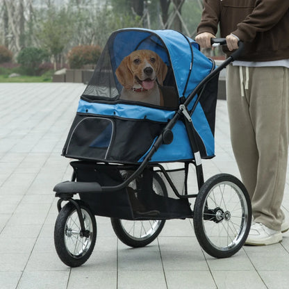 Pet / Dog Stroller - Buggy Pram with Three Wheels, Canopy and Under Netting Storage Compartment - Blue