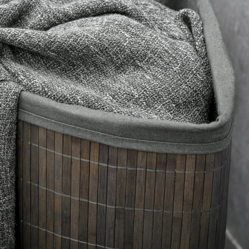 55L - Triangular Corner Bamboo Laundry Basket with Lid and Removable Washing Lining - Grey