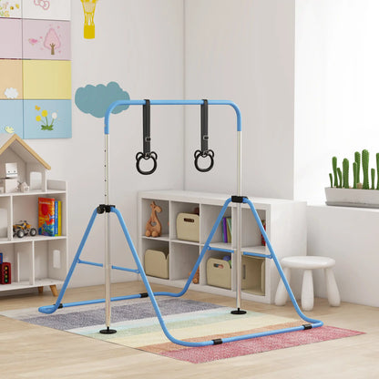 Adjustable Height Gymnastics Bar with Gymnastic Rings Attachment Included - For Kids - Blue