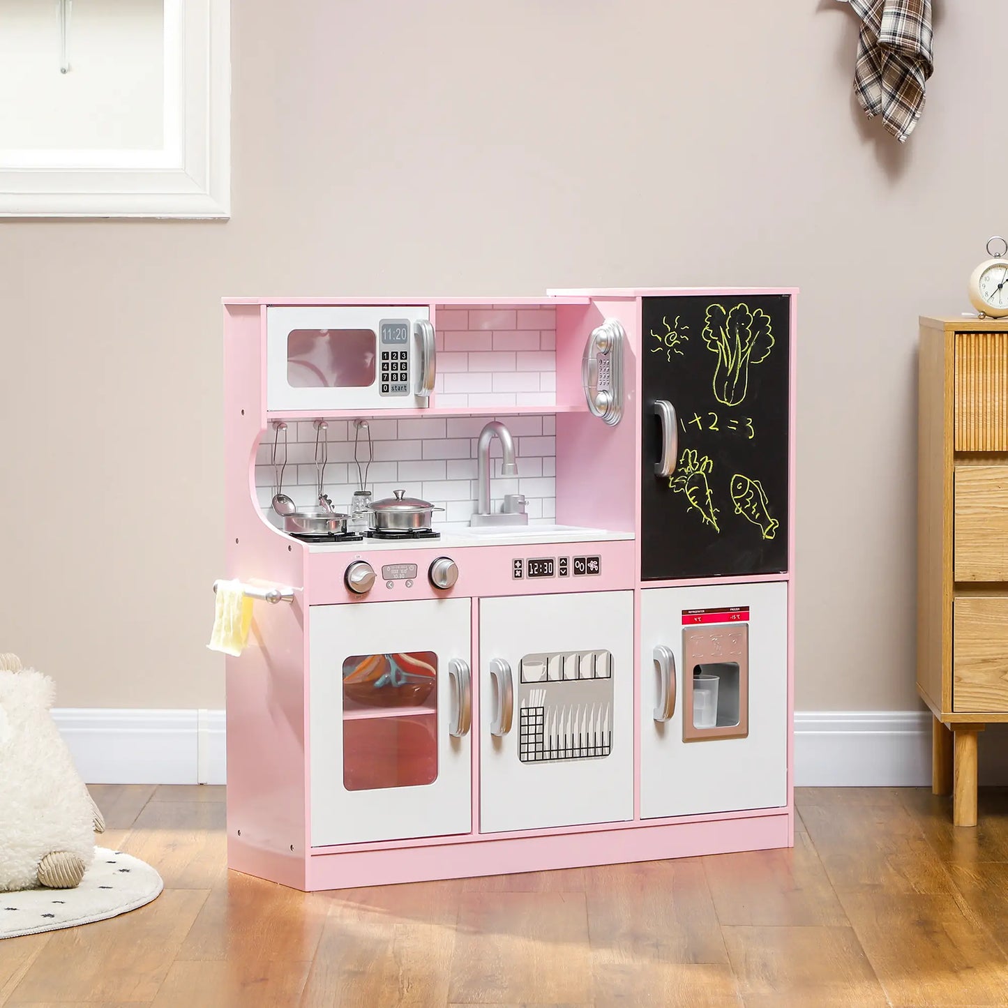 Kitchen Playset with Chalkboard, Storage Cupboards and Accessories - Pink