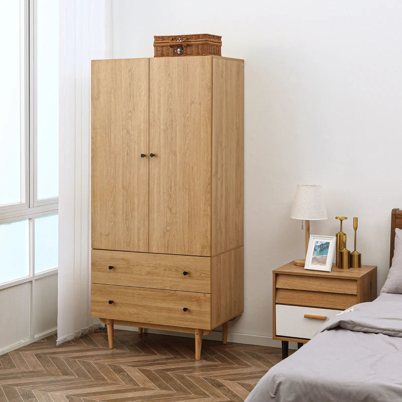 Wooden Freestanding Wardrobe with 2 Drawer Storage and Wooden Pole Feet