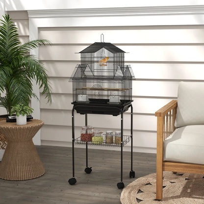 Metal Bird Cage - House Style Design with Swing, Perches, Feeding Cups, Tray - (Stand Included)