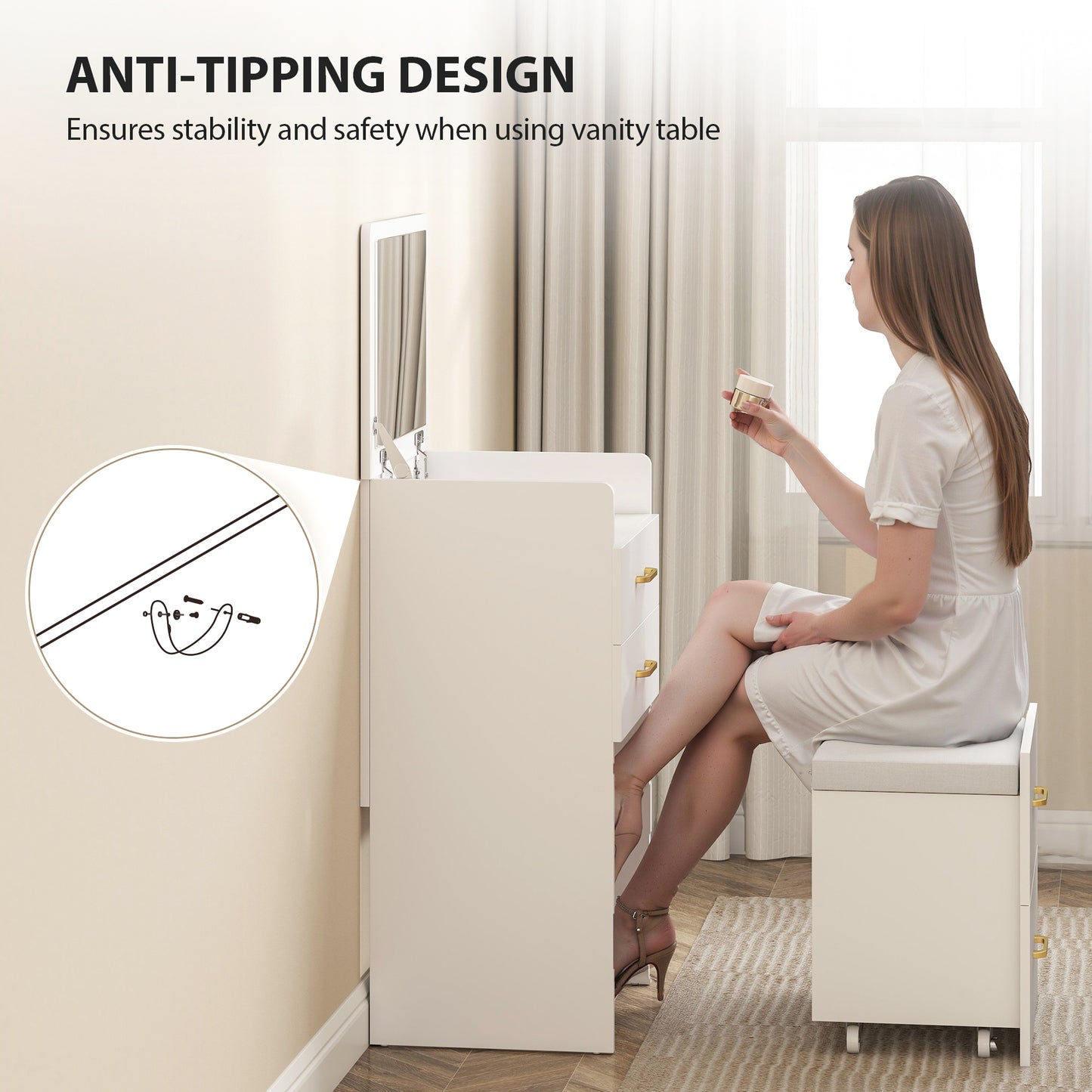 Compact Dressing Table and Stool Set, with Storage - White