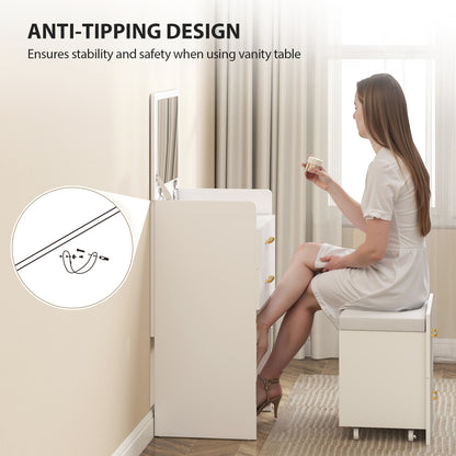 Compact Dressing Table and Stool Set, with Storage - White