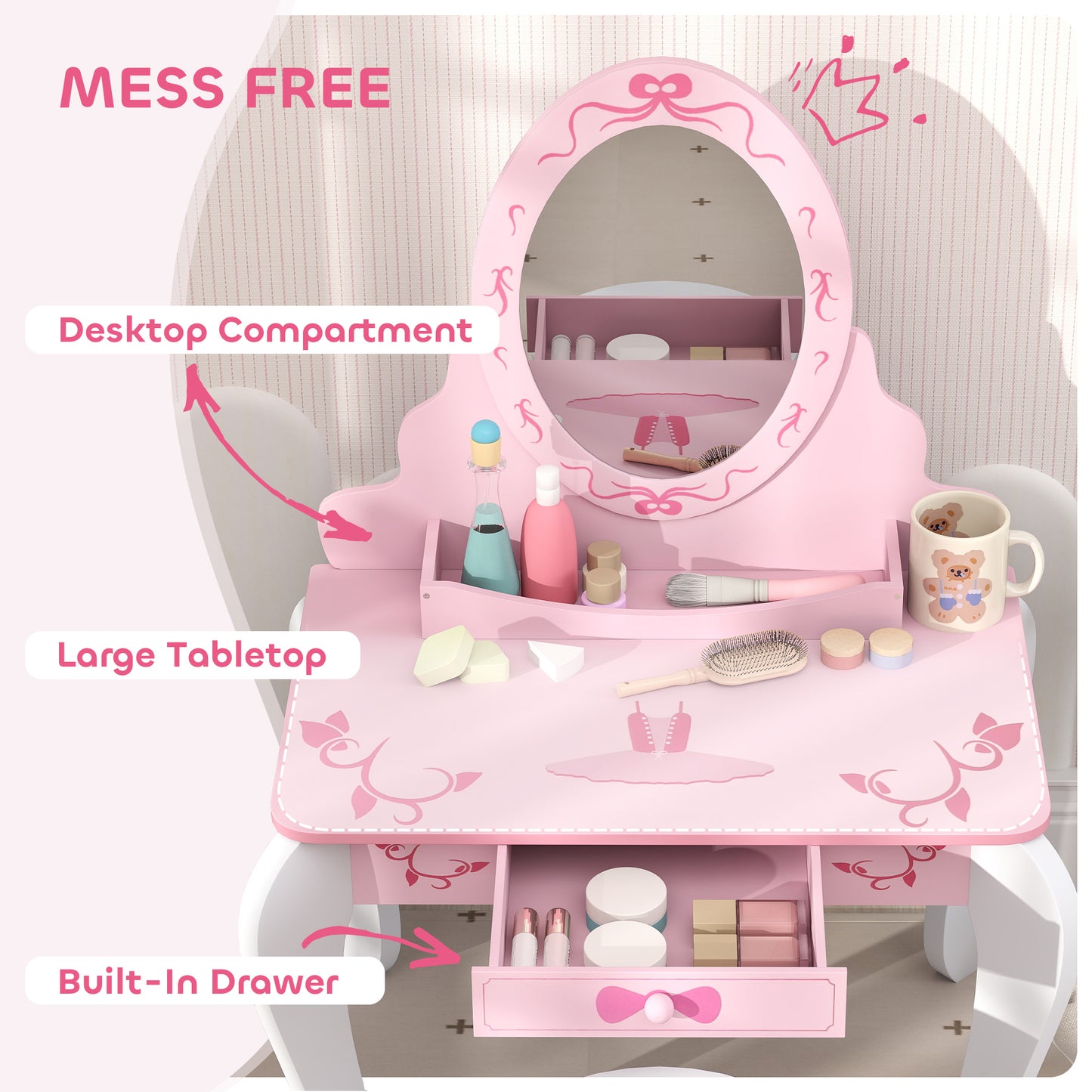 Kids Dressing Table Set, Vanity Table with Stool, Mirror, Drawer, Desktop, Storage, Ballet-Theme, Pink