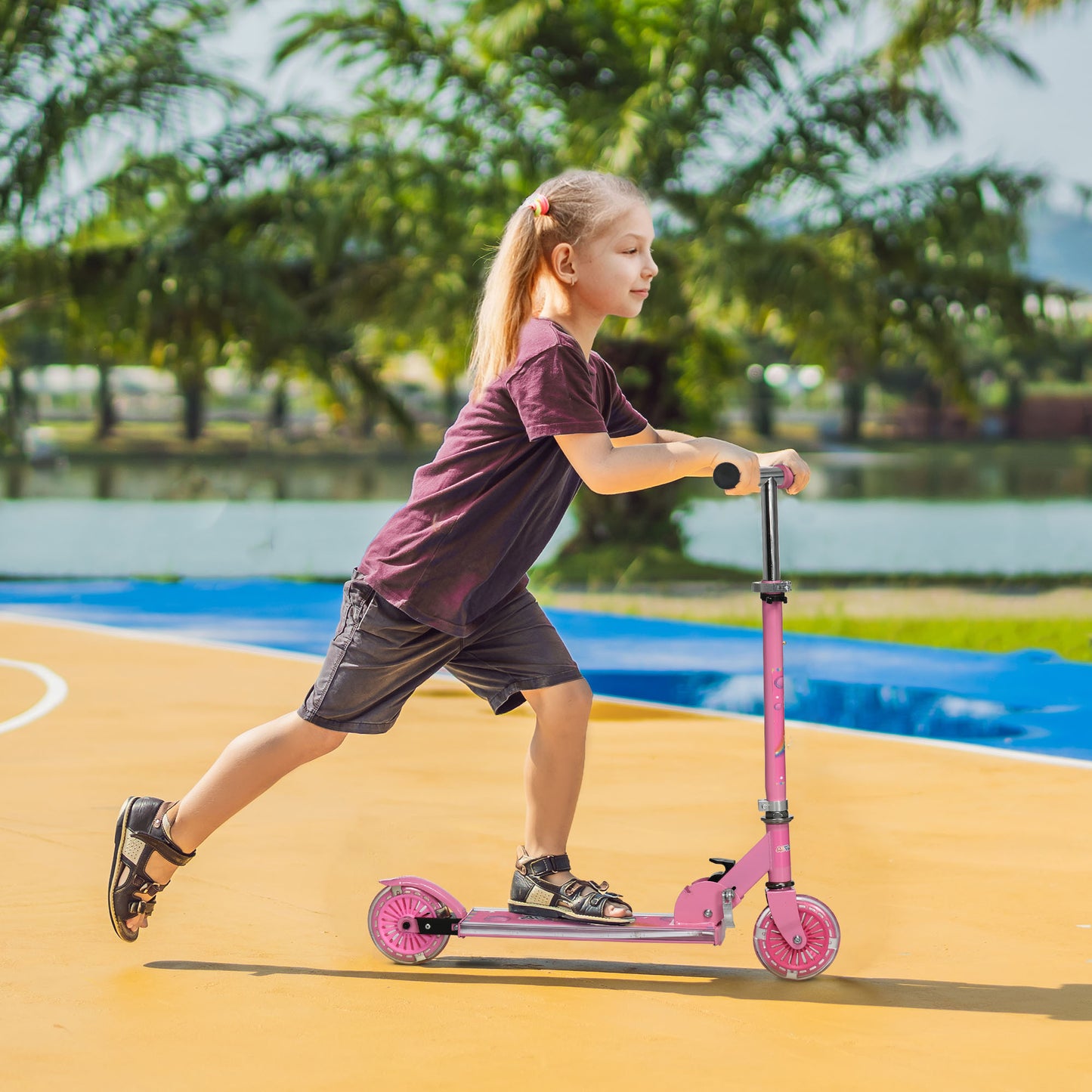 Kids Scooter, with Lights, Music, Adjustable Height, Foldable Frame, for Ages 3-7 Years - Pink
