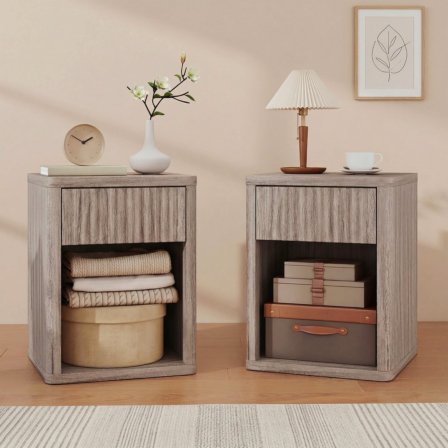 Modern Bedside Table Set of 2, Bedside Cabinet with Drawer and Open Shelf, Side End Table, Nightstand for Bedroom, Oak