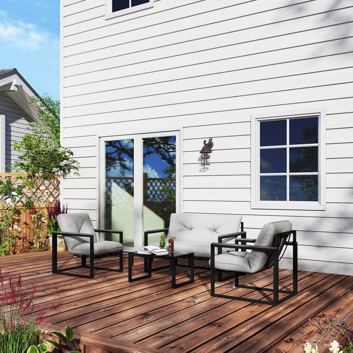Garden Furniture Set, 4 Piece Indoor Outdoor Conservatory with Loveseat Sofa, Armchairs, Glass Top Coffee Table