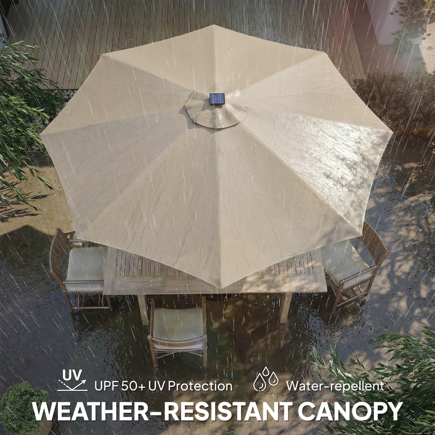 3 m Garden Parasol Umbrella with 112 Solar Powered LED Lights, Patio Umbrella with Crank Handle, Beige