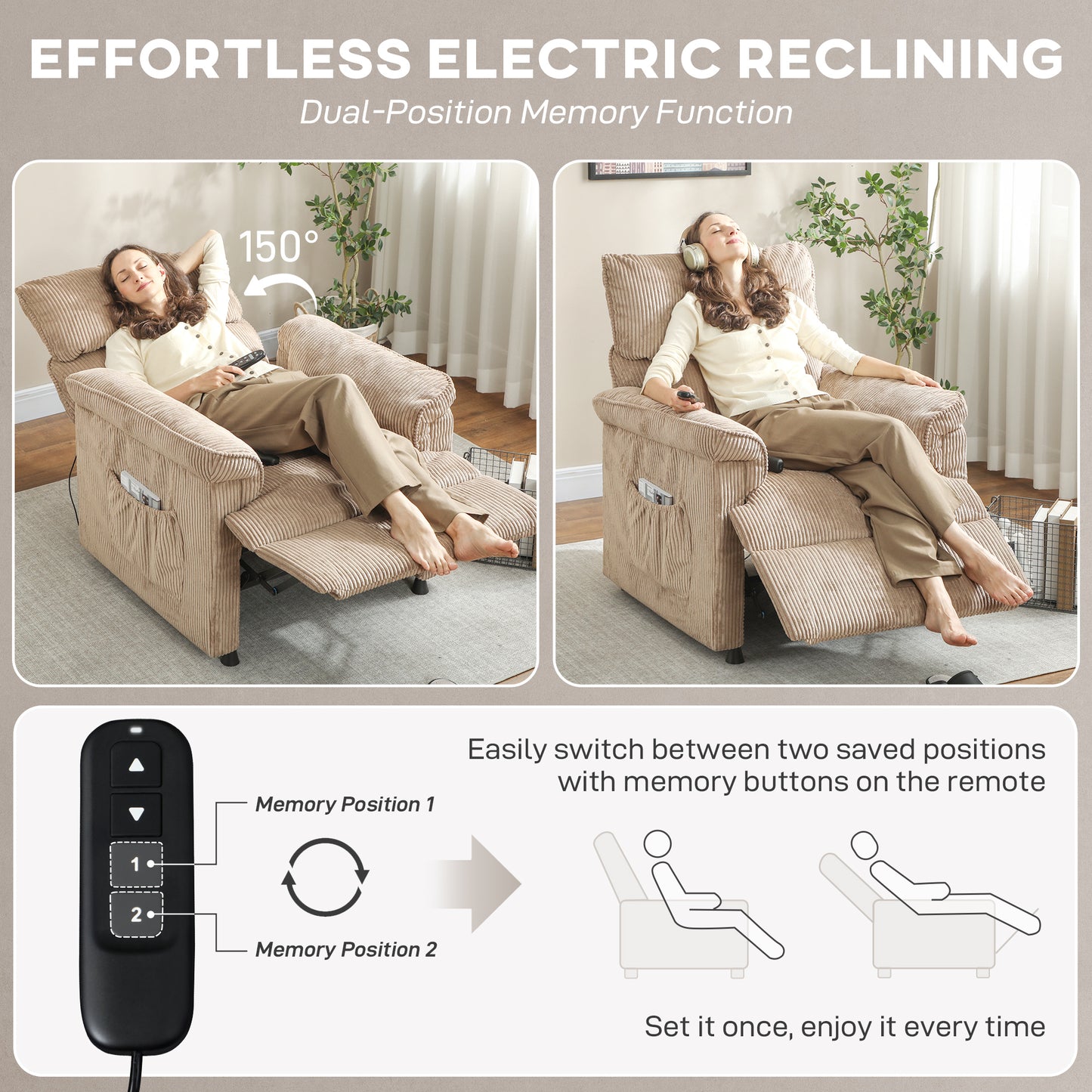 Corduroy Electric Massage Recliner - Brown