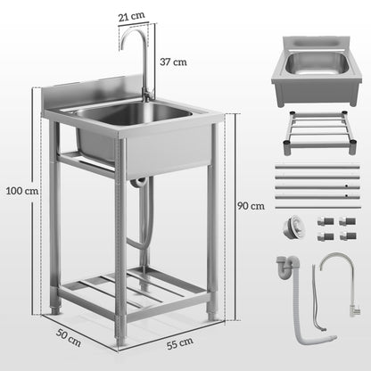 Outdoor Utility Sink, Stainless Steel Free Standing Single Bowl Kitchen Sink with Cold and Hot Water Pipe and Storage Shelf f