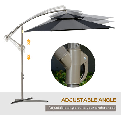 2.7m Banana Parasol Cantilever Umbrella with Crank Handle, Double Tier Canopy and Cross Base for Outdoor, Hanging Sun Shade