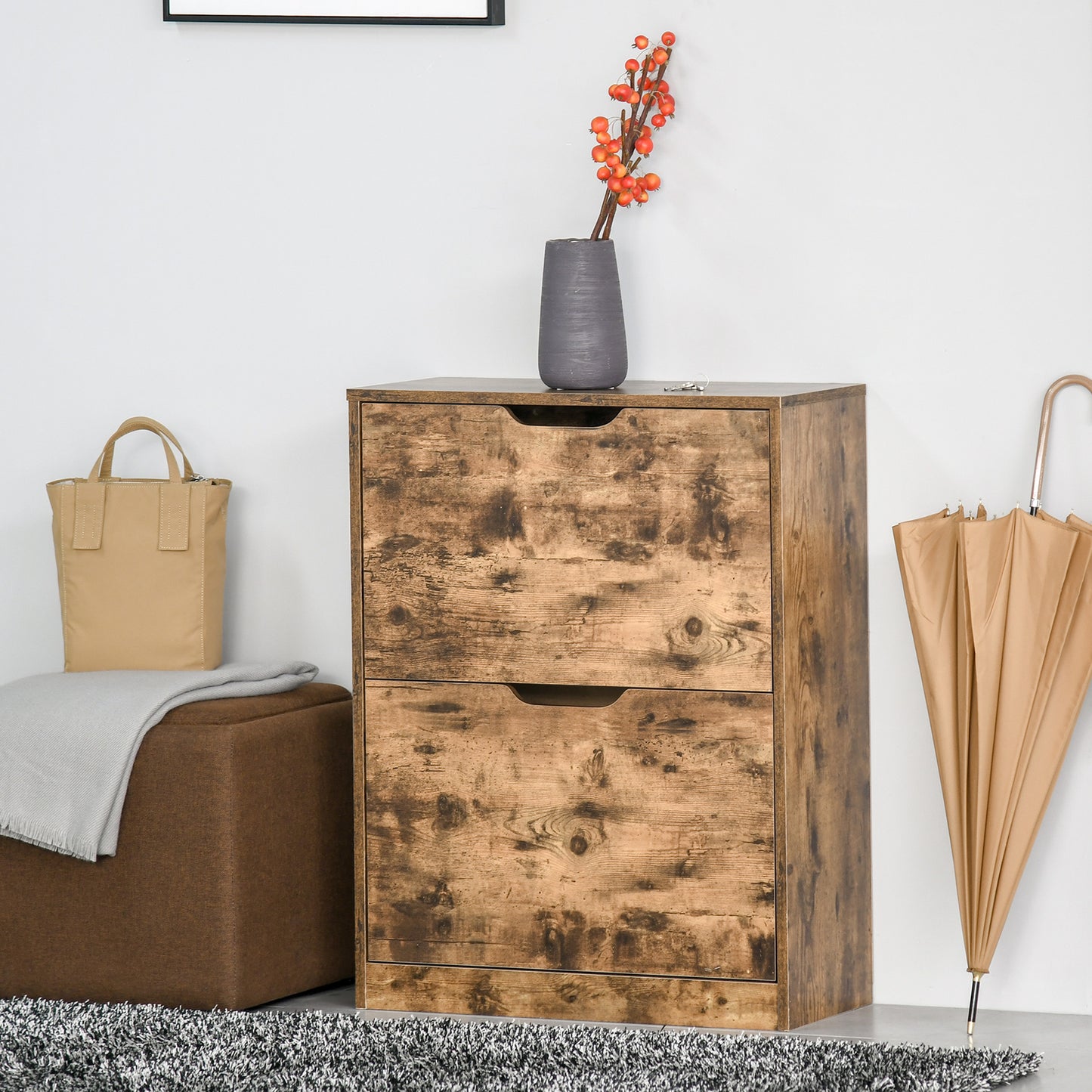 Industrial Shoe Cabinet with 2 Flip Drawers, Narrow Shoe Storage Cabinet for 12 Pairs
